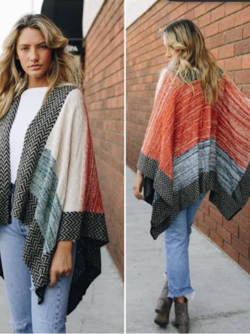 Raj Colorblock Open-Front Cardigan in Cream, Rust & Teal